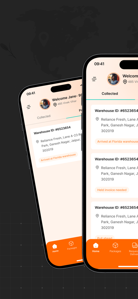 RisExpress - RisExpress mobile app interface showing a list of collected freight packages with real-time warehouse status updates