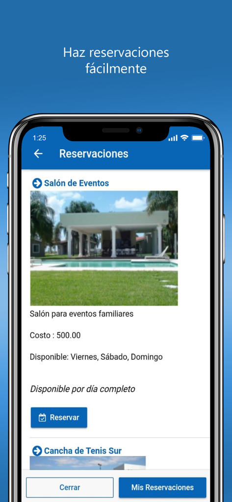 Residentia - Interfaccia dell'app Residentia che mostra le opzioni di prenotazione di aree comuni per una sala eventi e un campo da tennis.