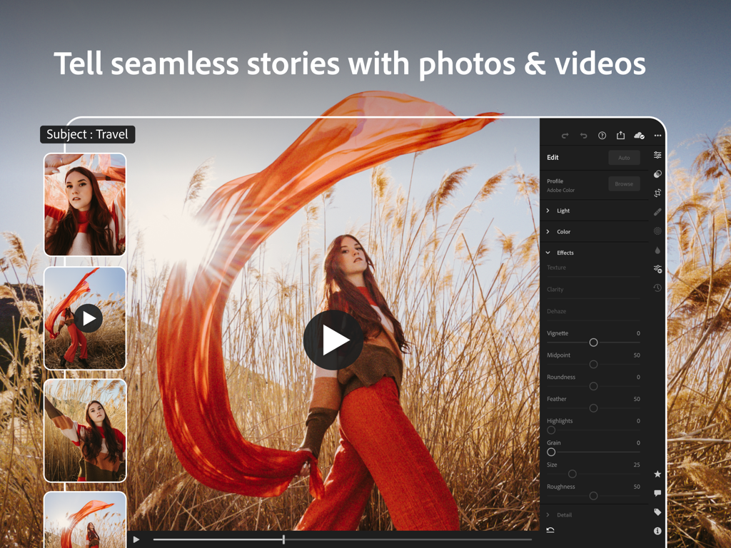 Interface d'Adobe Lightroom pour iPad présentant les outils de montage vidéo pour les contenus de voyage