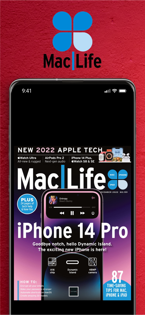 Mac|Life Magazine - Screenshot der Mac Life Magazine Mobile App mit einem Titelbild zu iPhone 14 Pro und Apple Tech-Updates.