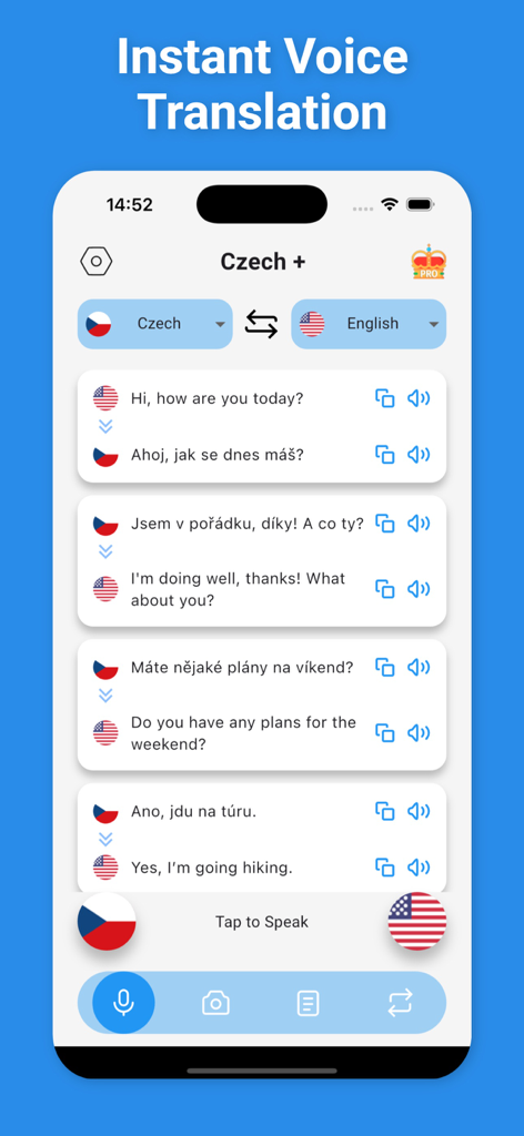 Pantalla de la aplicación móvil que muestra la función de traducción por voz instantánea con una conversación entre checo e inglés.