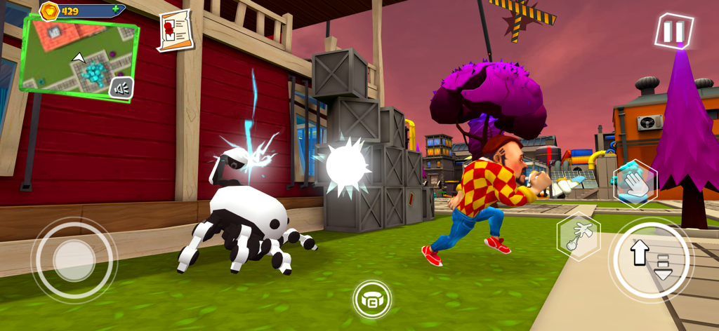 Captura de pantalla del juego de Dark Riddle 2 Mars mostrando a un personaje jugador corriendo junto a una araña robótica en un entorno suburbano estilizado