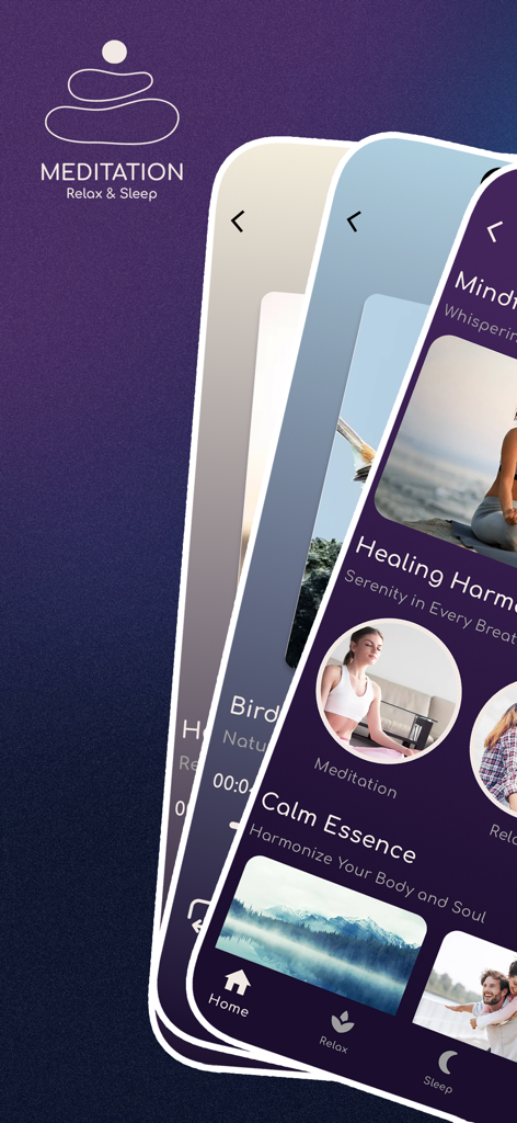 Meditation - Relax & Sleep - Screenshots of the Meditation Relax and Sleep app interface showing mindfulness and relaxation sessions
