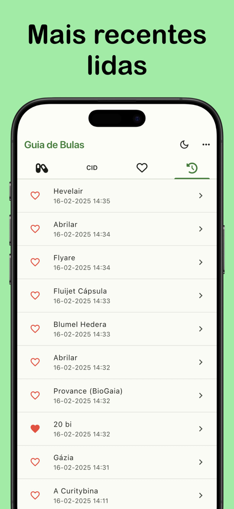 Guia de Bulas - Tela de histórico do Guia de Bulas mostrando bulas de medicamentos lidas recentemente