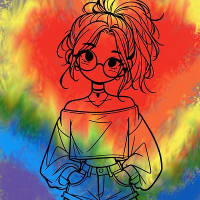 girl with a messy ponytail glasses a baggy crop top and jean shorts