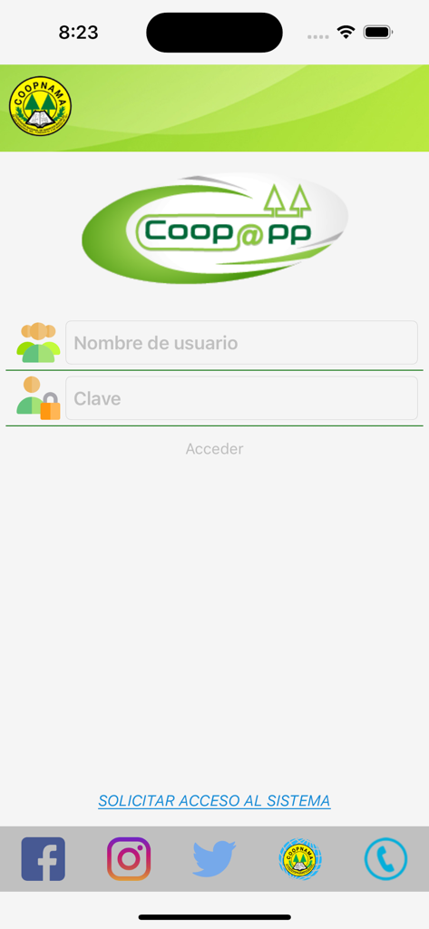 Tela de login do aplicativo móvel Coopnama com campos para nome de usuário e senha