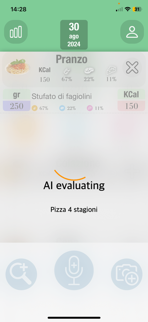 Calorie Tracker & Fasting AI - Interfaz de la aplicación Pratiko Life que muestra a la IA evaluando una entrada de comida de pizza con desglose de calorías y macronutrientes.