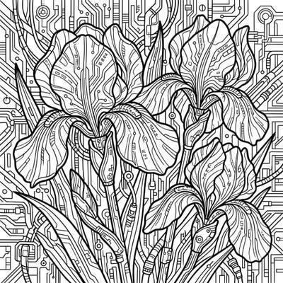 This unique coloring page blends the delicate beauty of irises with a cutting-edge cyberpunk aesthetic. Immerse yourself in a world of intricate wires and futuristic flora, ready for your creative touch.