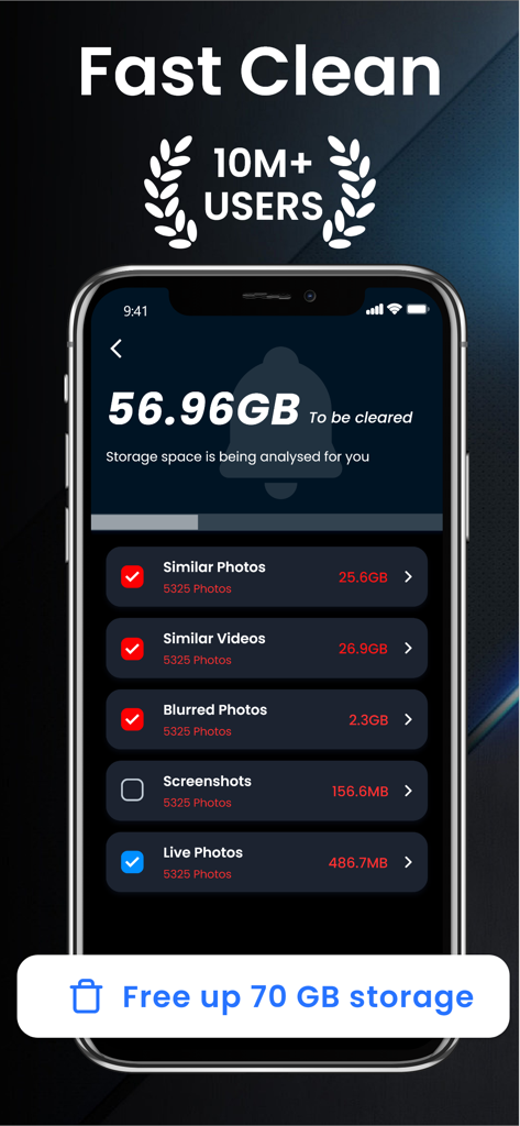 Easy Cleaner - Phone Cleanup - Easy Cleaner app interface showing fast clean feature with over 56GB of storage to be cleared from similar photos and videos