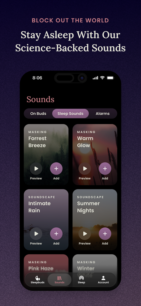 Ozlo Sleepbuds App-Oberfläche, die eine Auswahl an wissenschaftlich fundierten Schlafgeräuschen und Geräuschmaskierungsoptionen anzeigt