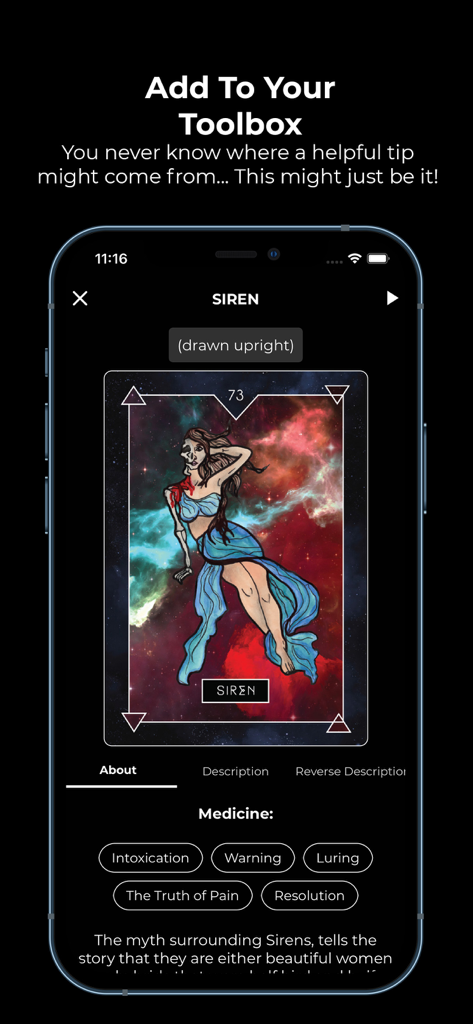 The Siren oracle card interface in the Aether Creature Cards app.