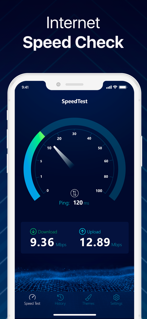 Interfaccia dell'app Test di velocità WIFI e Internet che mostra un misuratore di velocità con metriche di download e upload