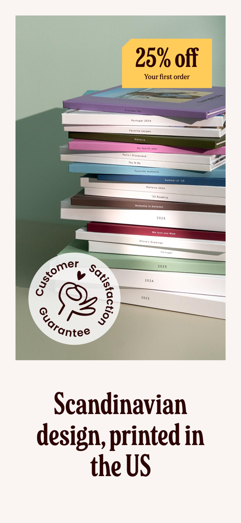 Once Upon | Photo book Creator - A stack of colorful Scandinavian design photo books printed in the US with a 25 percent discount offer.