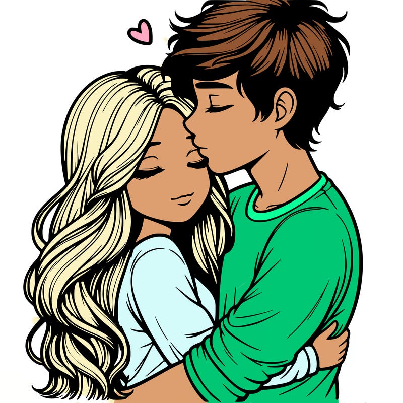 a realistic couple boy and girl hugging and kissing