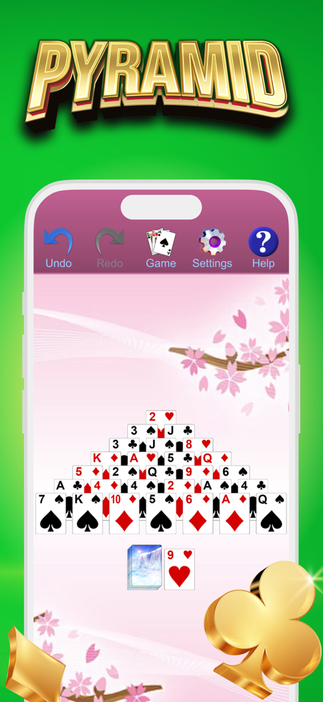 Pantalla de móvil que muestra un juego de Solitario Pyramid con un fondo de flores de cerezo rosa