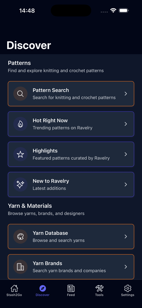 Stash2Go II - Stash2Go IIアプリのディスカバースクリーン。パターン検索と毛糸データベースのオプションを表示。