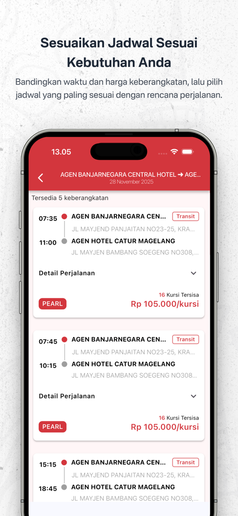 Joglosemar - Executive Shuttle - Smartphone screen displaying Joglosemar shuttle departure times and prices for intercity travel