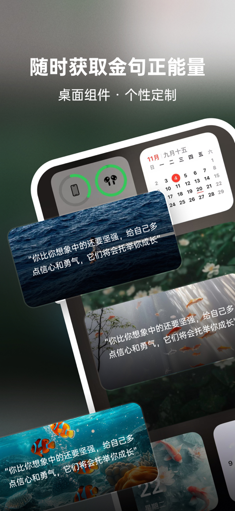 Showcase of personalized iOS home screen widgets featuring aesthetic nature wallpapers and inspirational quotes