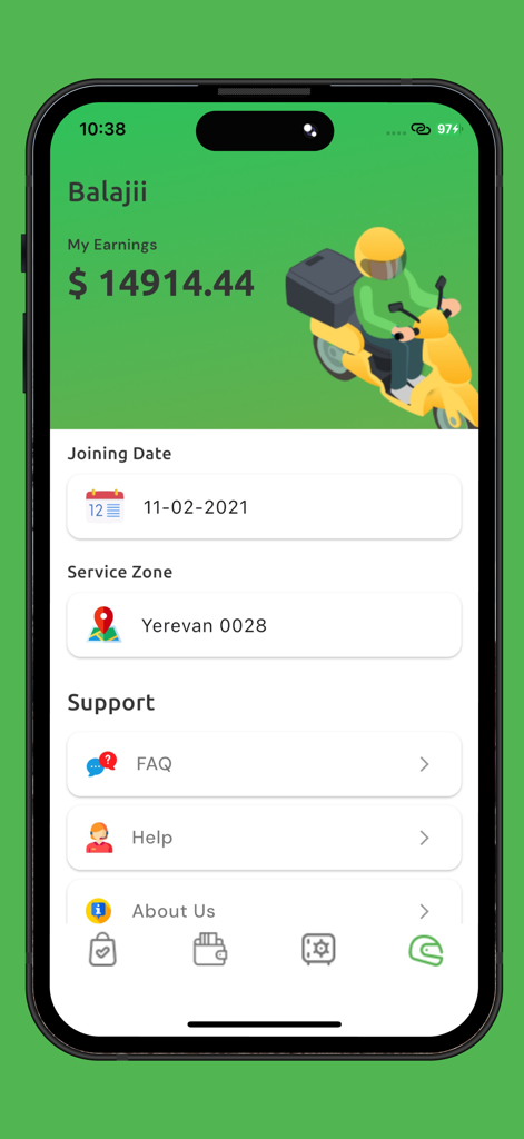 Delicart  Partner - Dashboard of the Delicart Partner app displaying driver earnings and service zone