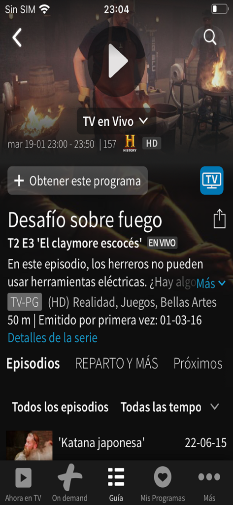 +TV Total - Interface of the plus TV Total app showing details for a live program on the History Channel