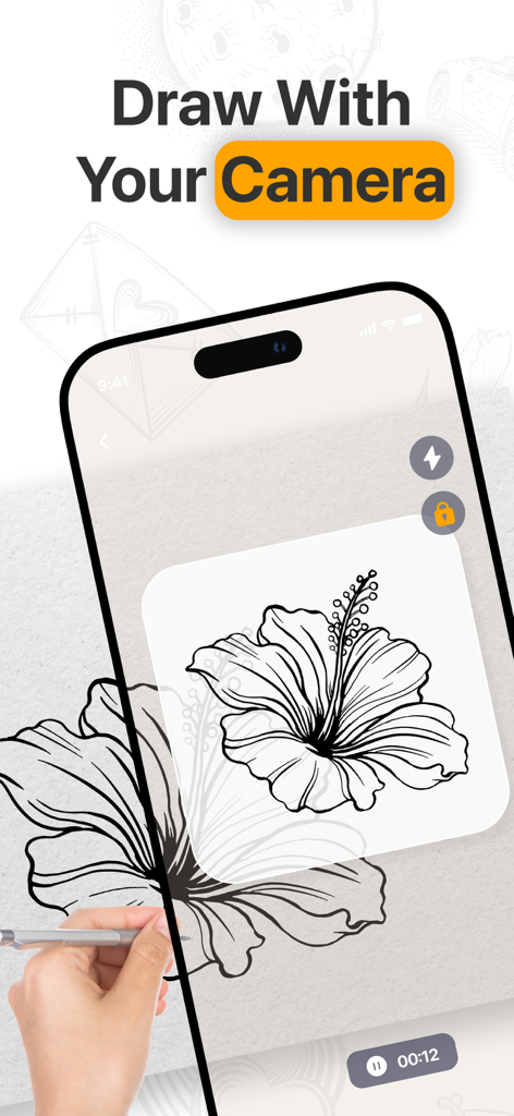 A hand tracing a hibiscus flower onto paper using an AR drawing app's camera interface.