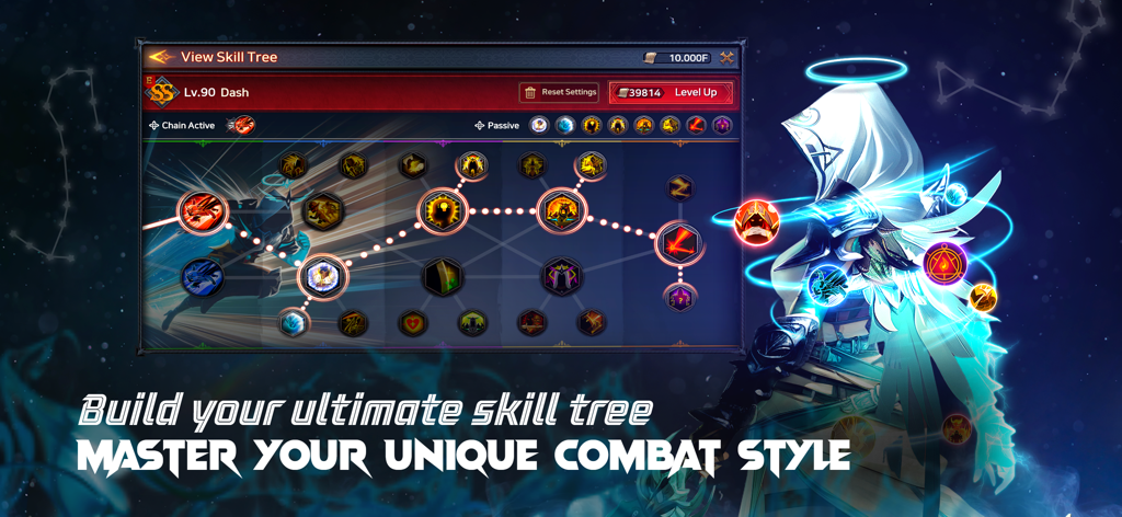 Immortal Rising 2 Skillbaum-Menü mit Kampfstil-Kombinationen und einem heroischen Charakter mit Heiligenschein