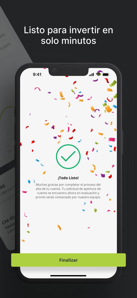 CCI Mobile - Pantalla de éxito de la aplicación CCI Mobile para la apertura de una cuenta de inversión