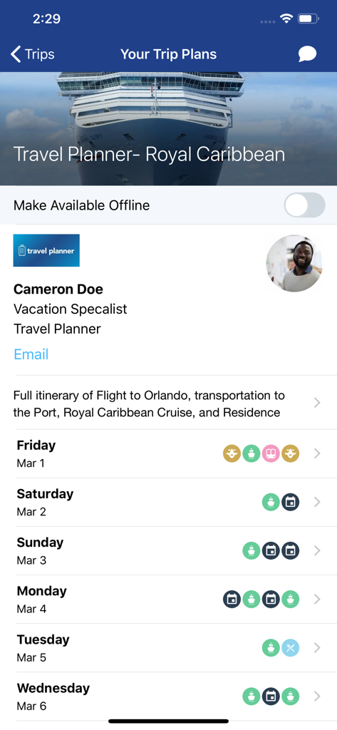 My Travel Planner App - Mobile app interface displaying a Royal Caribbean cruise itinerary with daily schedules and vacation specialist contact information.