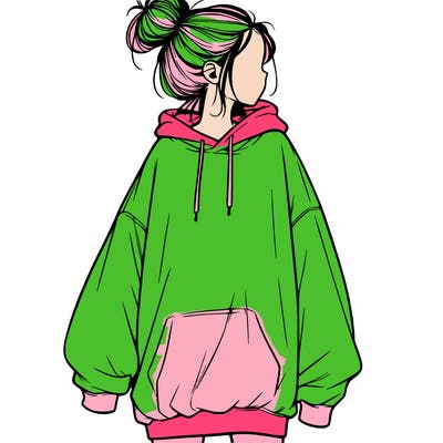 realistic girl with a oversized sweatshirt on and a bun