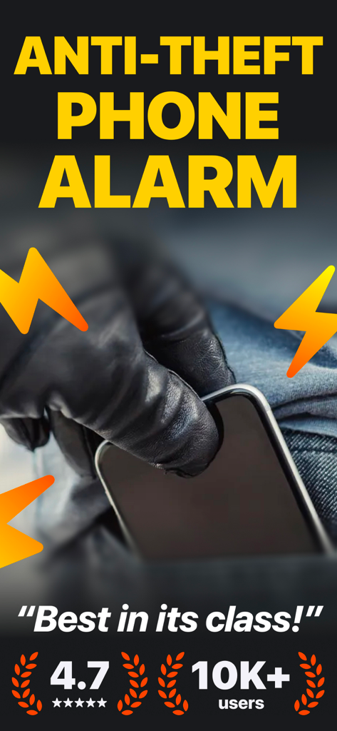 Crook Catcher Anti Theft Alarm - An illustration of a thief in black gloves stealing a phone from a pocket with lightning bolt alarm symbols.