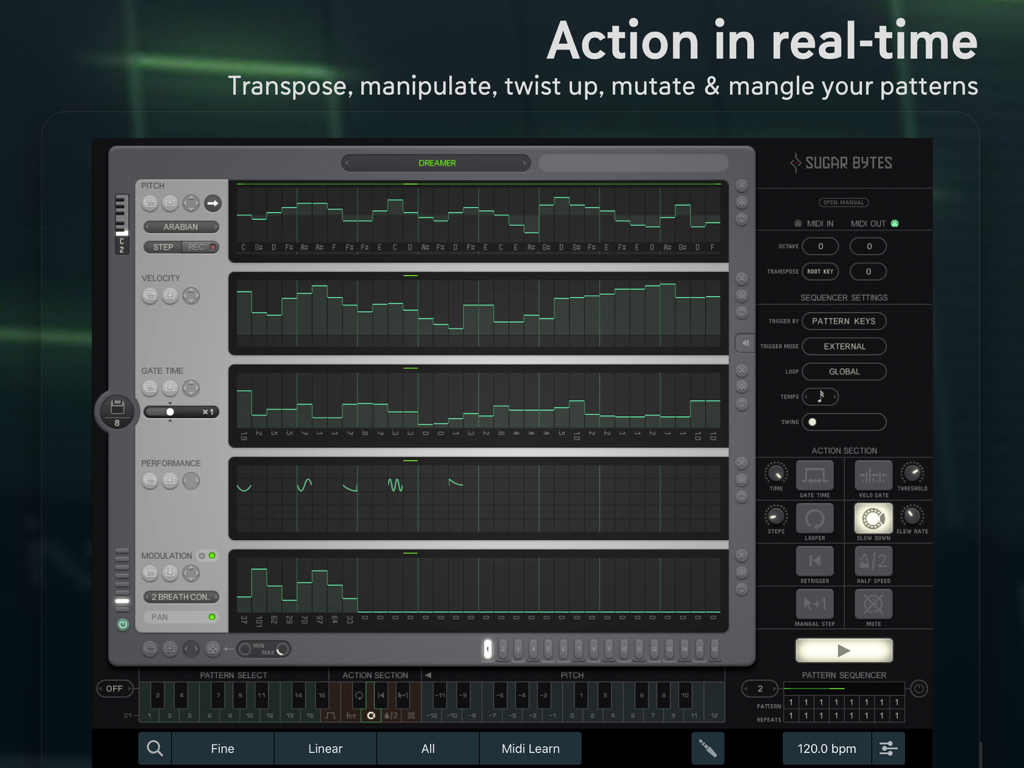 Interfaz del secuenciador por pasos MIDI Thesys en iPad mostrando controles de velocidad de tono y modulación de rendimiento
