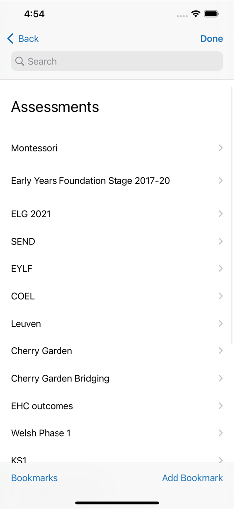 Assessment frameworks menu in the Tapestry Journal app displaying options like Montessori and EYFS