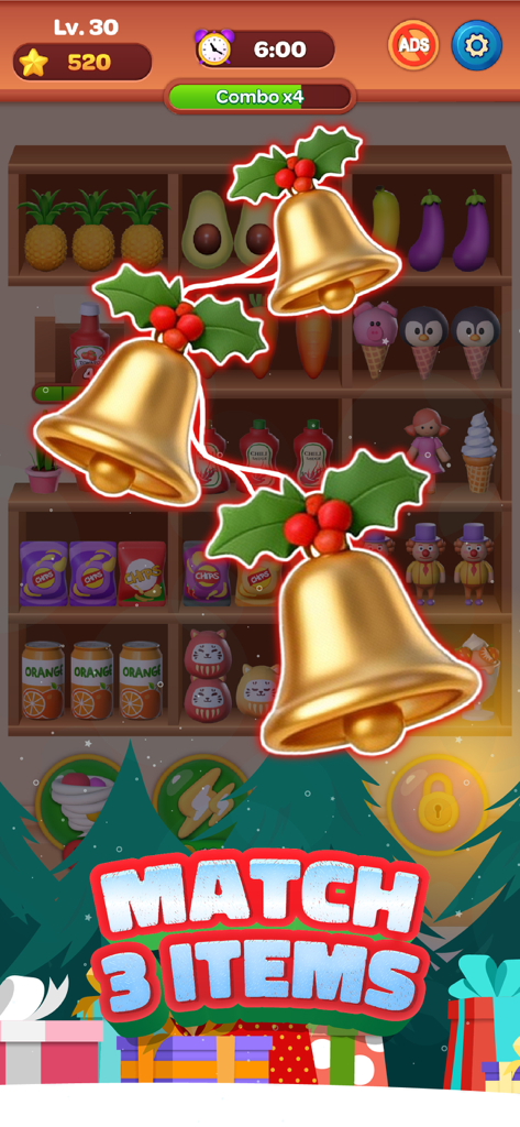 Triple Minded: 3D Sorting Game - Triple Minded 3D sorting game screenshot showing a Christmas themed level with golden bells and market items on shelves