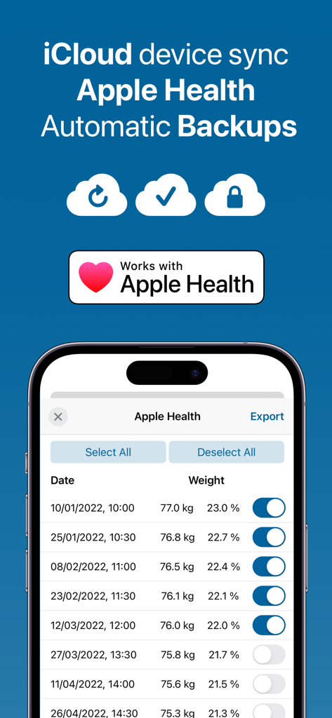 Weight BMI Fat Log Feeltracker - Pantalla de la aplicación Feeltracker que destaca la integración con Apple Health y la sincronización automática de iCloud entre dispositivos