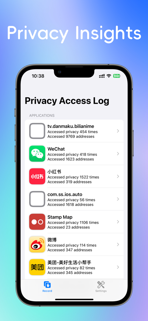 Uma tela de smartphone exibindo o painel do aplicativo Registro de Acesso à Privacidade com uma lista de aplicativos e suas estatísticas de acesso a dados
