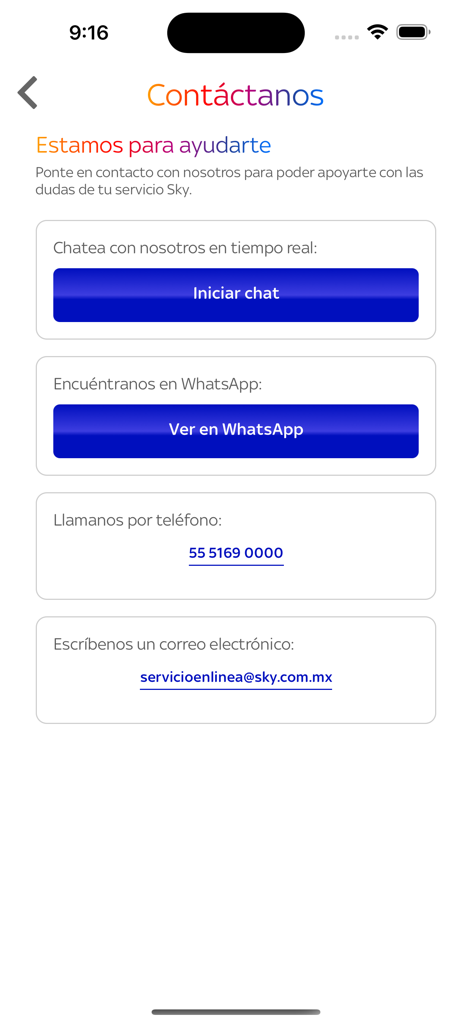 Contact support screen in the App SKY mobile application showing options for chat, WhatsApp, telephone, and email support