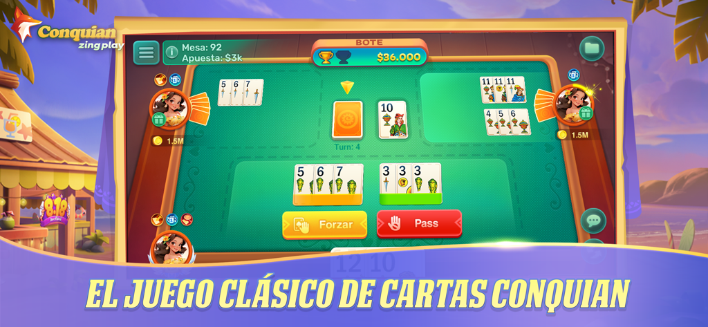 Interfaz de juego del juego de cartas móvil ZingPlay Conquian mostrando una partida con cartas españolas tradicionales sobre una mesa verde.