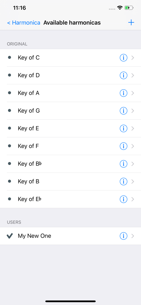 A list of available harmonica keys including original presets like Key of C and custom user-defined tunings