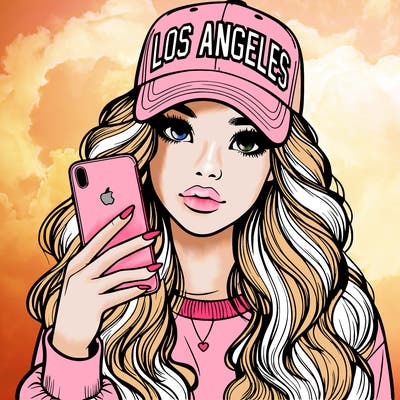 realistic beautiful girl wearing los ángeles cap holding an iphone