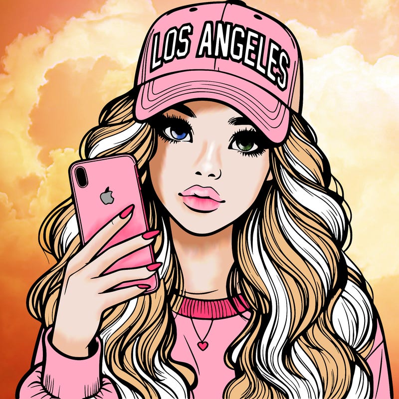 realistic beautiful girl wearing los ángeles cap holding an iphone