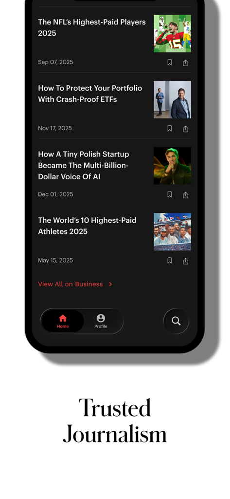 Forbes - Una captura de pantalla del feed de noticias de la app Forbes con titulares de negocios e inversión bajo la etiqueta Periodismo de Confianza.