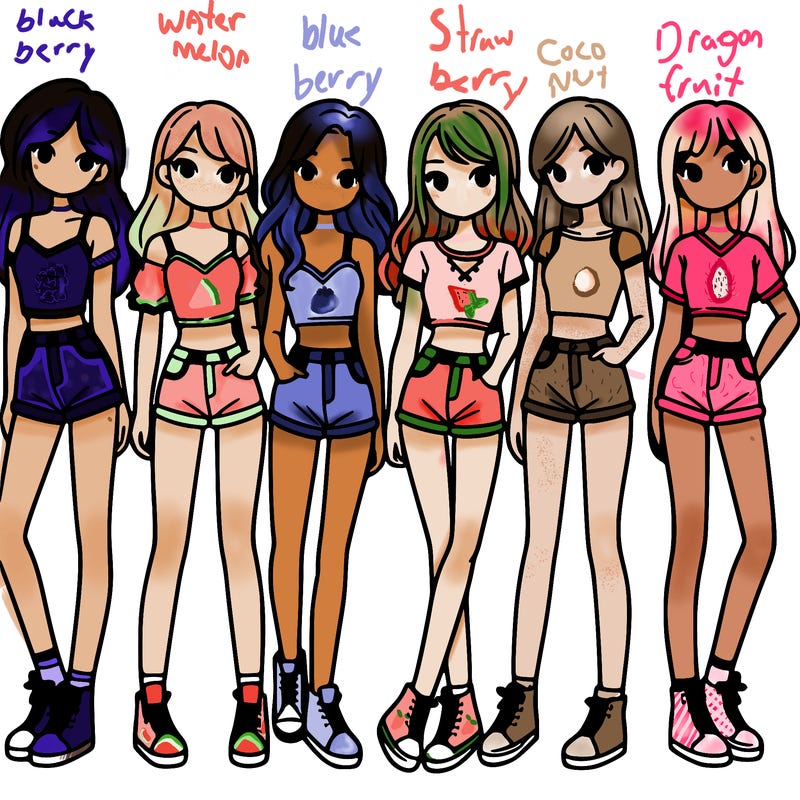 a group of girls wearing crop tops and shorts