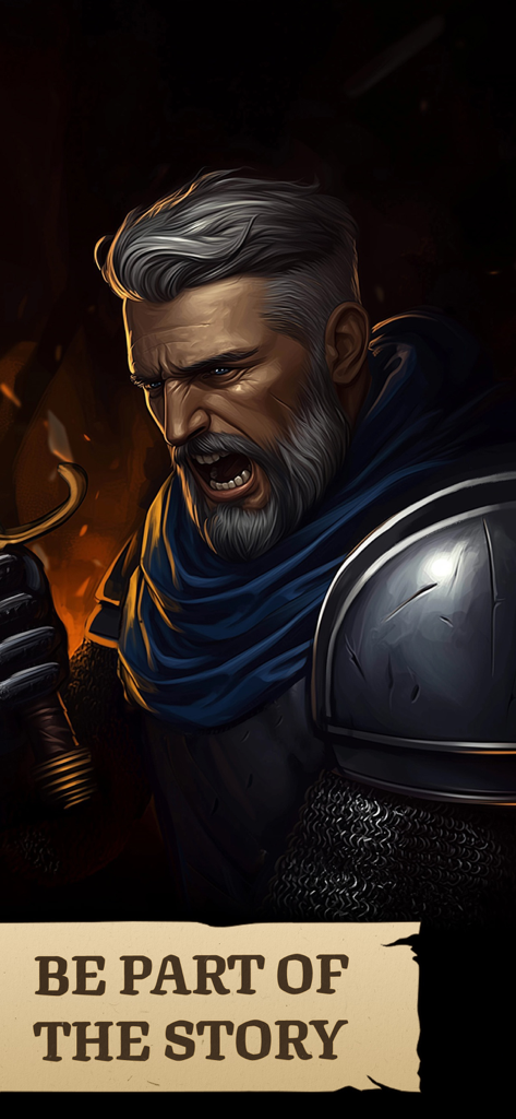 Un chevalier barbu et endurci par la bataille, portant une armure d'argent avec une cape bleue, sous la légende "Faites partie de l'histoire"