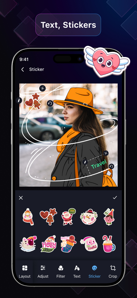 EasyCut : Video Editor & Maker - Interface of EasyCut app showing a photo being edited with decorative stickers and text