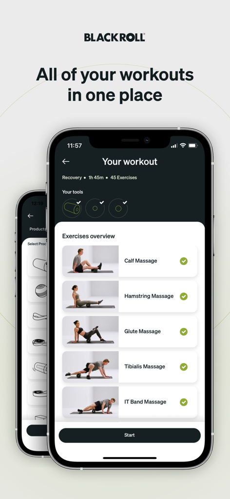 Blackroll app interface showing a list of recovery exercises including calf and hamstring massages.
