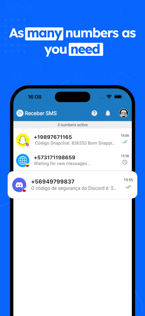 Receber SMS - Temp numbers OTP - Interface of Receber SMS app showing a list of active virtual phone numbers for online verification