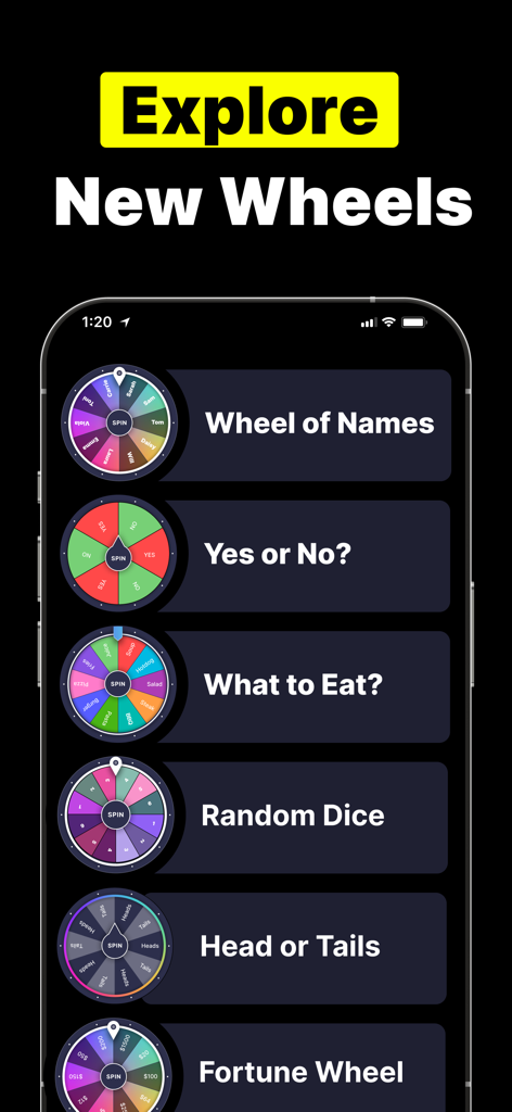 Wheel Spinner: Spin the Wheel - A list of different decision wheels like Wheel of Names Yes or No and What to Eat on a mobile screen