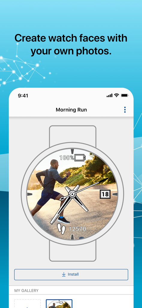 Interface de l'application Connect IQ Store montrant la création d'un cadran de montre personnalisé à partir d'une photo d'un coureur.