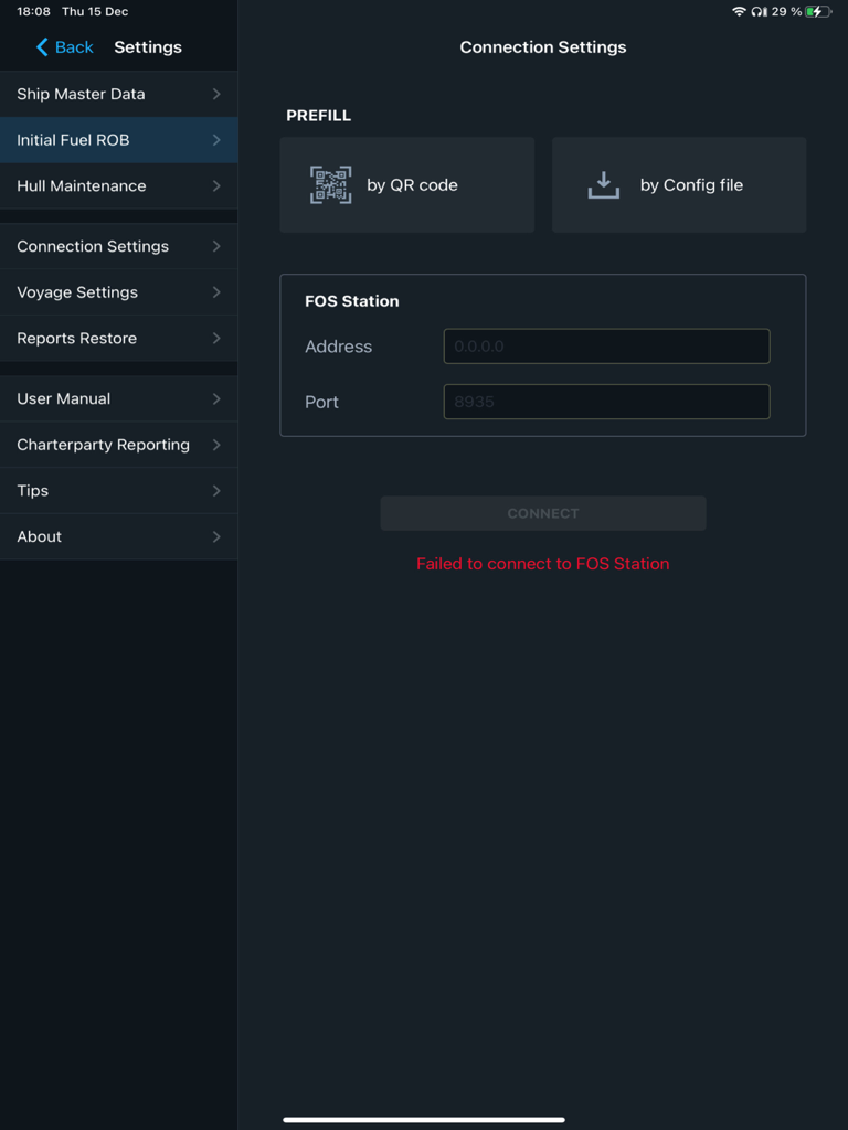 Wartsila SmartLog Verbindungseinstellungs-Oberfläche mit Feldern für FOS-Stationsadresse und Port.