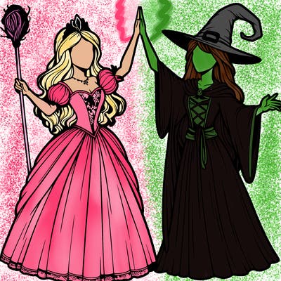detailed realistic split of a princess and a witch